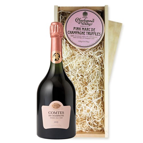 Taittinger Comtes de Champagne Rose 2009 Prestige Cuvee 75cl And Pink Marc de Charbonnel Chocolates Box